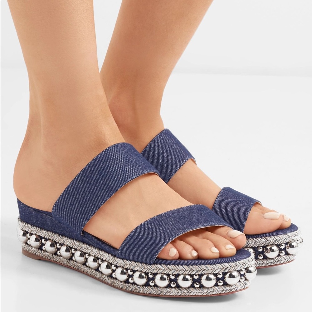 Christian Louboutin studded denim wedge slides